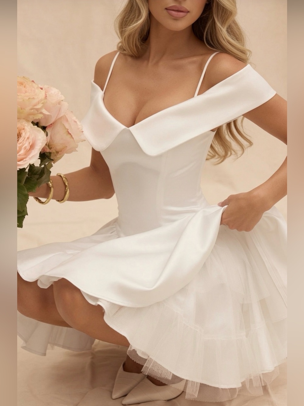 HOUSE OF CB 'Elida'White Twill Off Shoulder Mini Dress/Size Small US4-6 $269